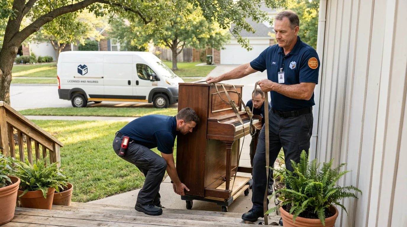 Licensed piano movers securing grand piano in Seward, AK