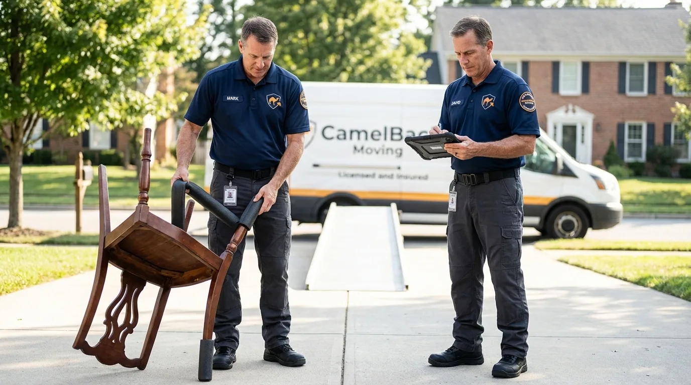 Movers inspecting furniture for damage prevention before loading in Seward, AK